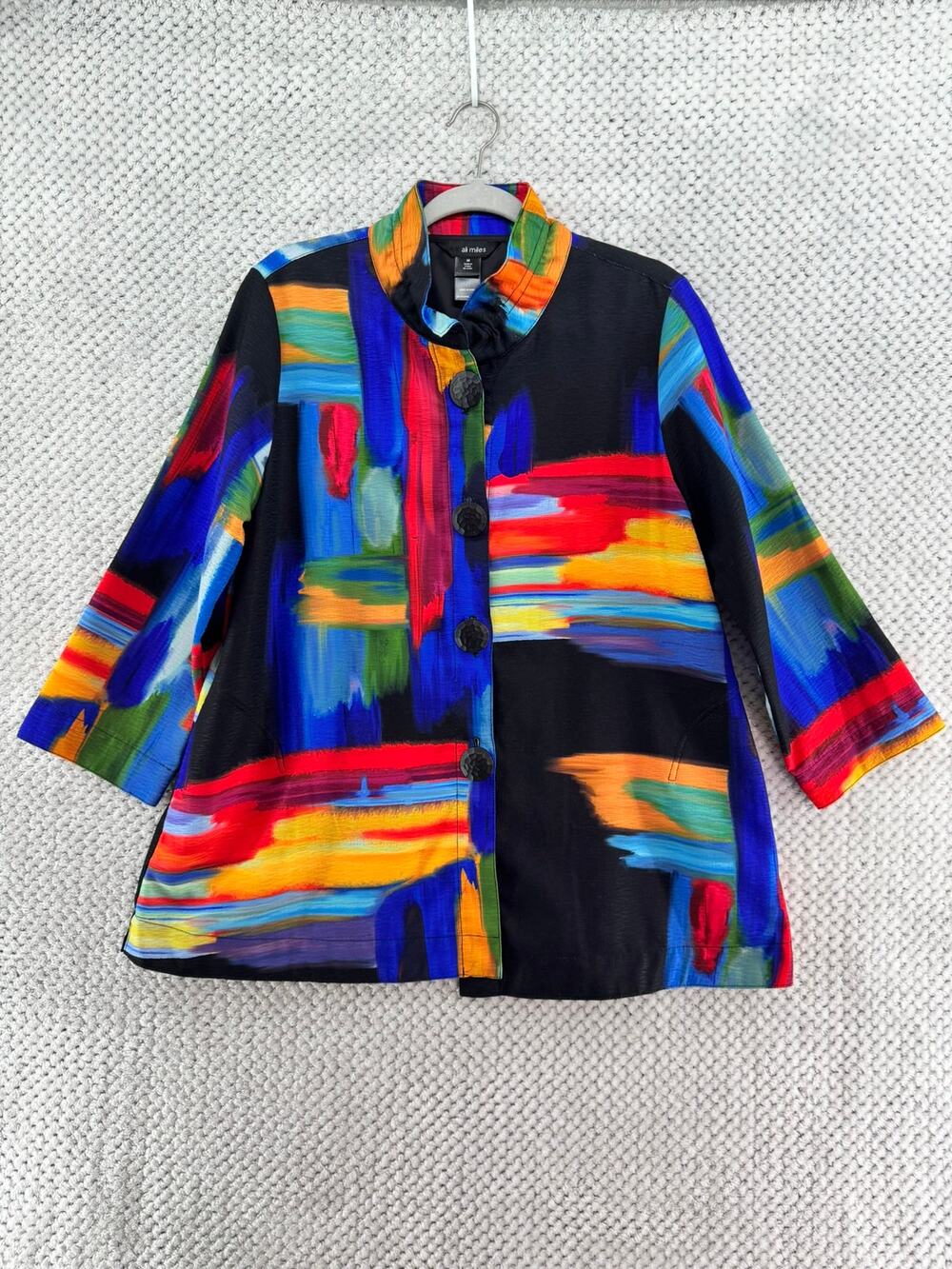ali Miles Jacket Womens M Black Blue Art To Wear Pockets Whimsical
